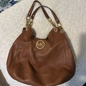 Michael Kors Cognac Pebbled Leather Shoulder Tote with Gold Hardware